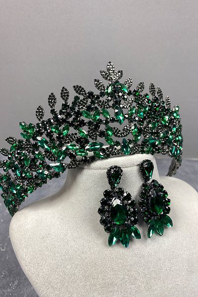 Hayalperest boncuk Green Oscar Bridal Henna Crown and Evening Dress Earring Set