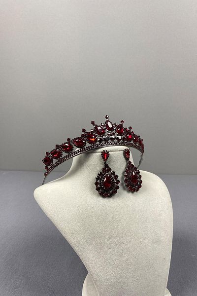Hayalperest boncuk Set de cercei cu coroană de henna și piatră de migdale Ade de mireasă burgundy