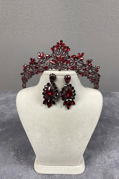 Hayalperest boncuk Set de cercei cu coroană și piatră de nuntă Melis Burgundy