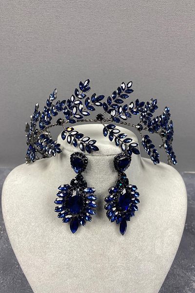 Hayalperest boncuk Accesoriu de păr de mireasă cu ramuri de frunze Dilana bleumarin și cercei cu piatră