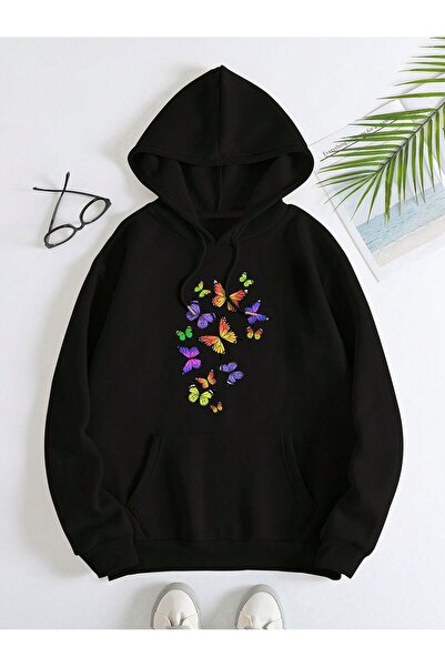 donamod Seria Coke Butterfly Print Kangaroo Pocket Drawstring Hanorac căptuși...