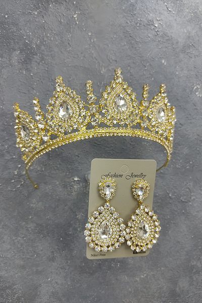 Hayalperest boncuk Coroana de mireasa model Gold Ahu si cercei cu piatra