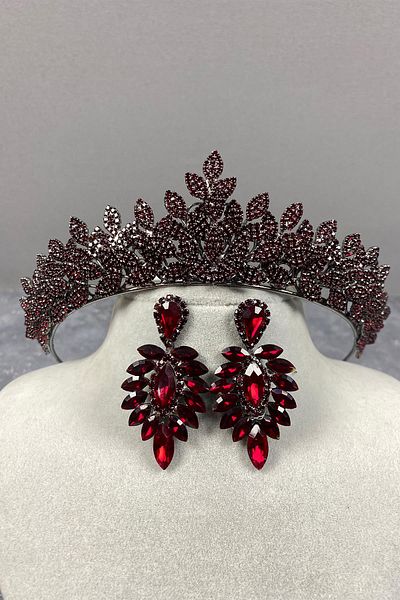 Hayalperest boncuk Set de cercei și coroană de mireasă cu henna și gemme de culoare burgundă Sara