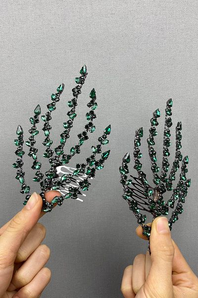 Hayalperest boncuk Accesoriu de păr verde cu model de frunze dublu coroană Henna