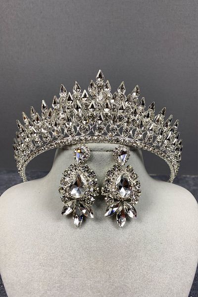 Hayalperest boncuk Set coroană de mireasă 3D și cercei rochii de seară Silver Drop