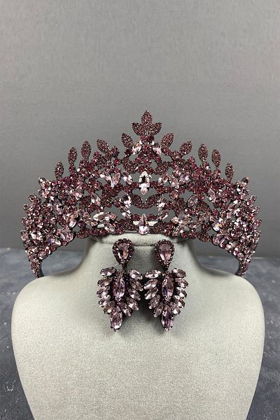 Hayalperest boncuk Pink Oscar Bridal Henna Crown and Shuttle Earring Set