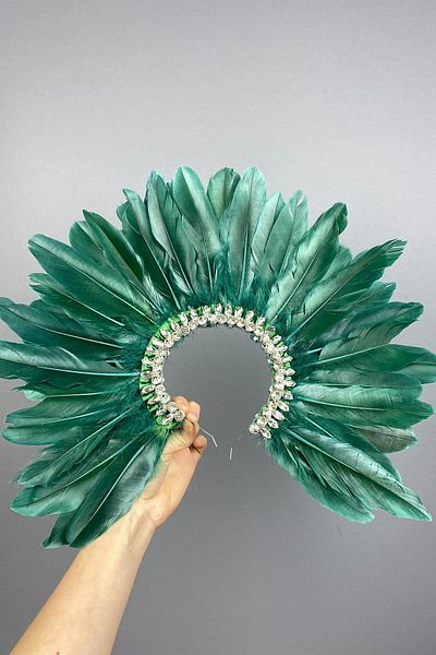 Hayalperest boncuk Green Hera Bridal Henna Crown - Feather and Stone Detailed Accessory