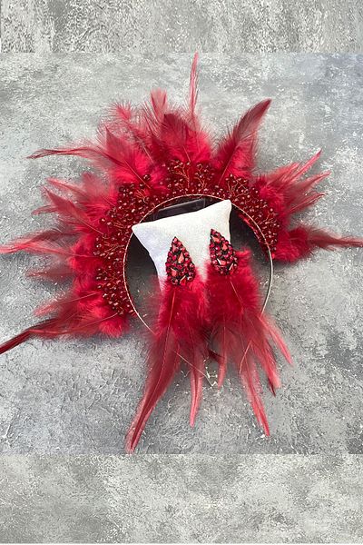 Hayalperest boncuk Coroană și cercei de mireasă cu mărgele de cristal din pene de cocoș burgundy