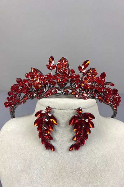 Hayalperest boncuk Coroană de mireasă cu henna și cercei cu frunze cu mărgele roșii Jabbah