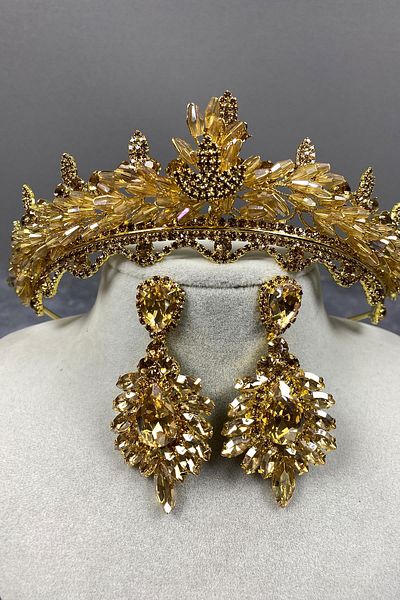 Hayalperest boncuk Set de coroană și cercei cu pietre prețioase de mireasă Lena Crystal