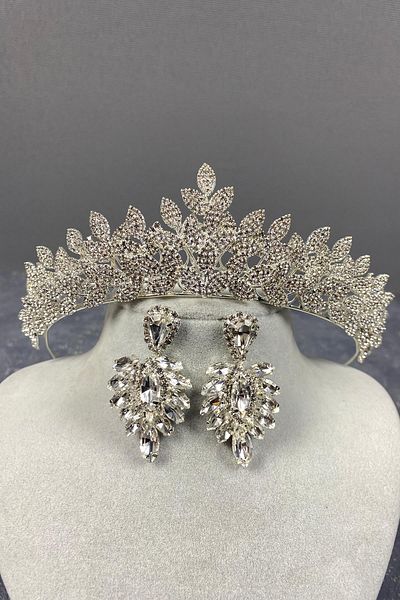 Hayalperest boncuk Set de coroană și cercei de mireasă Silver Sara Sık Stone