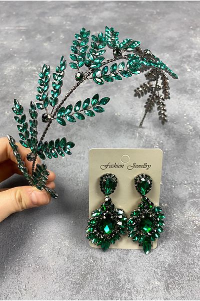 Hayalperest boncuk Accesoriu pentru păr de mireasă cu ramuri de frunze de Dilana verde și cercei cu pietre