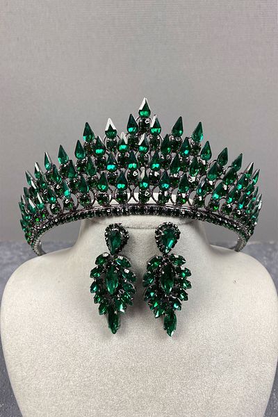 Hayalperest boncuk Green Drop 3D Bridal Henna Crown and Jewelled Earring Set