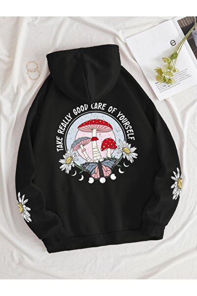 donamod Seria Coke Mushroom & Slogan Graphic Kangaroo Pocket Drawstring Therm...