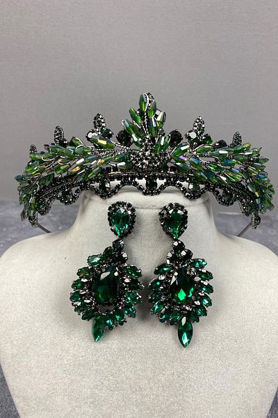Hayalperest boncuk Set de coroană și cercei cu piatră de mireasă cu cristale Lena verde