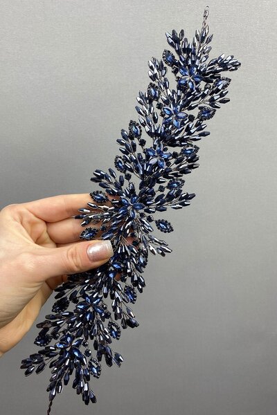 Hayalperest boncuk Κορδέλα μαλλιών με χάντρες Arden Navy Blue Bridal Crown - ...