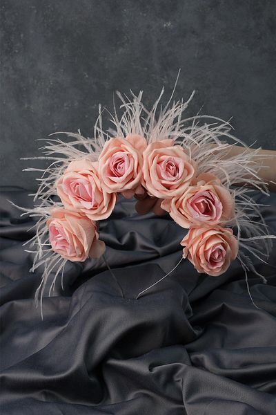 Hayalperest boncuk Velvet Rose Feather Design Bridal Henna Crown