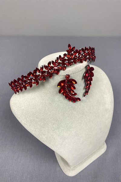 Hayalperest boncuk Red Thin Elegant Vera Bridal Henna - Crown and Leaf Earring Set
