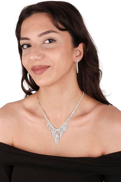 Hayalperest boncuk Set de cercei colier de seară Dila Crystal Stone și coroană de mireasă cu frunze fine