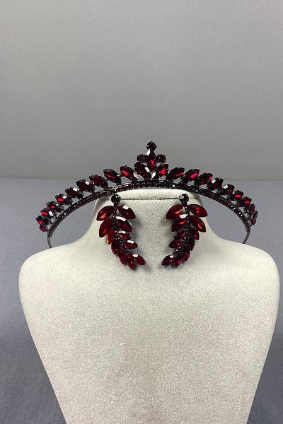 Hayalperest boncuk Set de cercei și coroană de henna de mireasă Ece Burgundy cu piatră de frunze