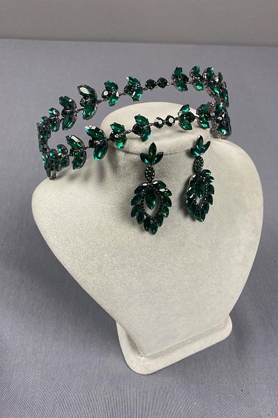 Hayalperest boncuk Alpha Model Double Row Bridal Henna Crown and Leaf Earrings