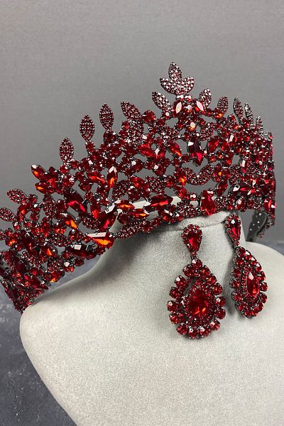 Hayalperest boncuk Red Oscar - Bridal, Henna Crown and Drop Earring Set
