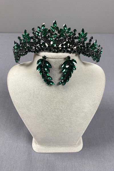 Hayalperest boncuk Set de cercei cu coroană și frunze de henna de mireasă verde Belur