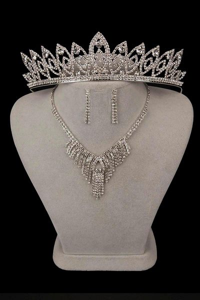 Hayalperest boncuk Set de cercei colier de seară Dila Crystal Stone și coroană de mireasă cu frunze fine