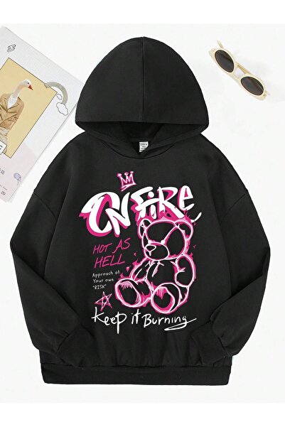 donamod Seria Coke Bear & Slogan Graphic Drop Shoulder Hoodie