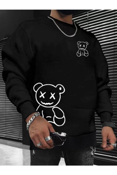 Adrift Happy Bear Oversize Crew Neck Cotton Sweatshirt Black