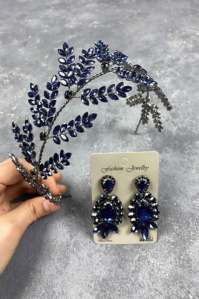 Hayalperest boncuk Accesoriu de păr de mireasă cu ramuri de frunze Dilana bleumarin și cercei de seară
