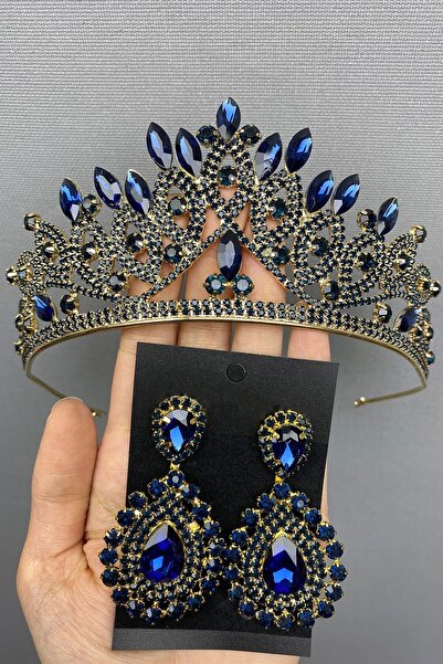 Hayalperest boncuk Coroană și cercei de mireasă Henna albastru închis cu aur