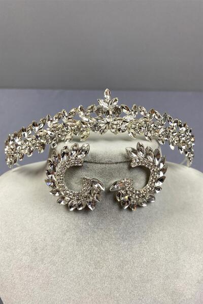 Hayalperest boncuk Silver Thin Elegant Vera Bridal Crown and Drop Shuttle Earrings