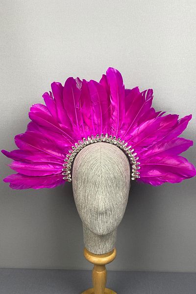 Hayalperest boncuk Fuchsia Hera Bridal Henna Crown - Feather and Stone Detailed Accessory