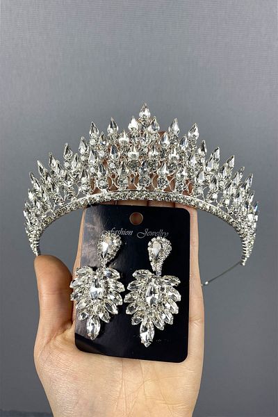 Hayalperest boncuk Set de coroană de mireasă 3D și cercei cu navetă Silver Drop