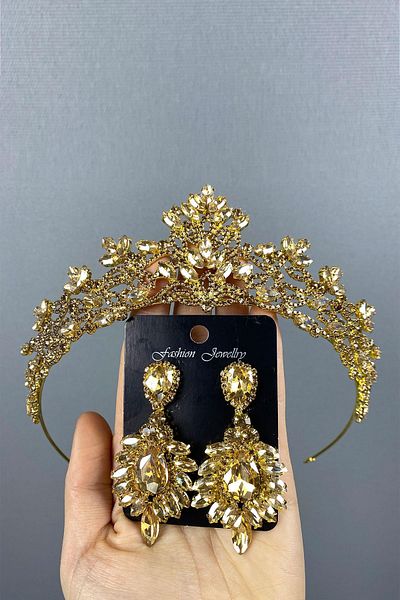 Hayalperest boncuk Bride and Henna Crown and Shuttle Stone Melis Earrings