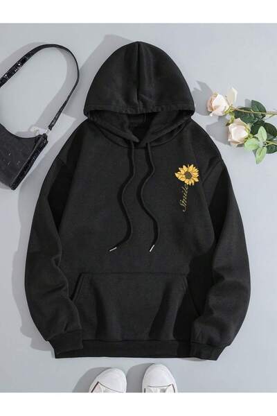 donamod Seria Coke Sunflower Print Kangaroo Pocket Drawstring Thermal Hoodie
