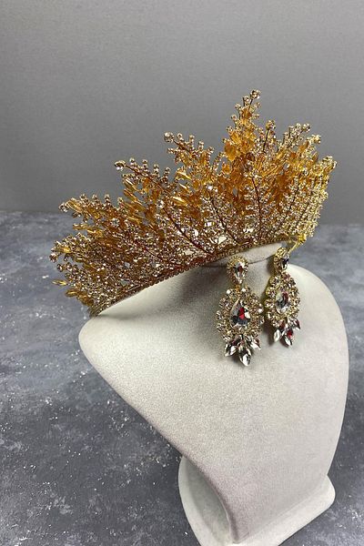 Hayalperest boncuk Transparent Honey Color Nairobi Bead Embroidered Bridal Henna Crown And Shuttle Earring Set
