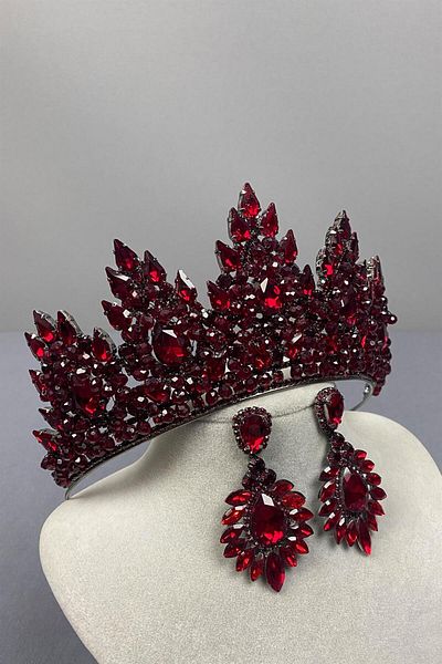 Hayalperest boncuk Burgundy Lotus Bead Embroidered Bridal Henna Crown and Drop Earring Set