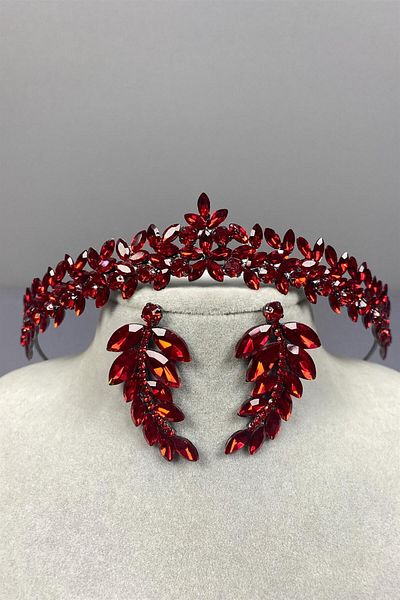 Hayalperest boncuk Red Thin Elegant Vera Bridal Henna - Crown and Leaf Earring Set