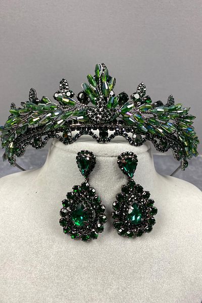 Hayalperest boncuk Set de coroană și cercei cu pietre prețioase pentru mireasă cu cristal Lena verde