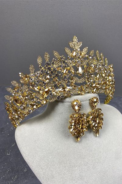 Hayalperest boncuk Honey Color Oscar Bridal Henna Crown and Shuttle Stone Earring Set