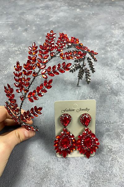 Hayalperest boncuk Accesoriu pentru păr de mireasă cu ramuri de frunze roșii Dilana și cercei cu pietre