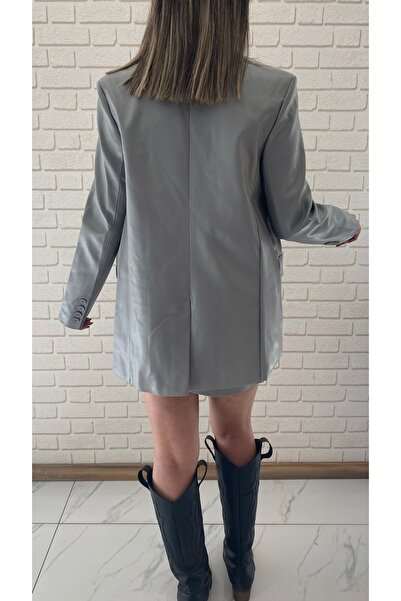 boutiquemery Gri Oversize Deri Blazer Ceket