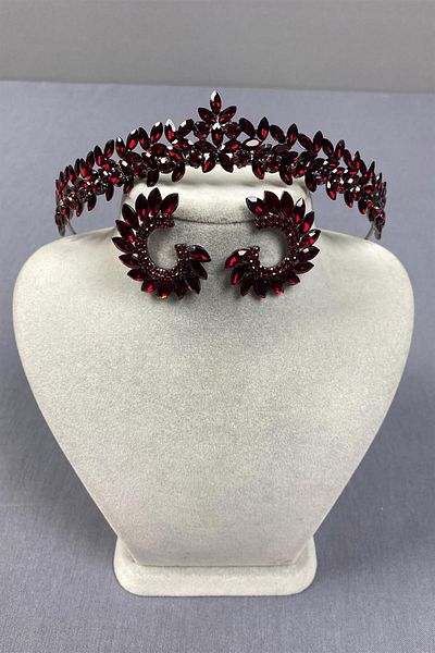 Hayalperest boncuk Burgundy Vera Bridal Henna - Coroană subțire și elegantă și cercei rotunzi
