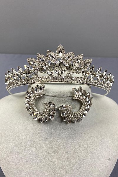 Hayalperest boncuk Set de coroană de mireasă Leyn din argint sterling și cercei rotunzi cu pietre prețioase