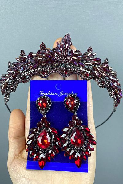 Hayalperest boncuk Set de coroană și cercei cu piatră de mireasă Lena Crystal Burgundy colorat