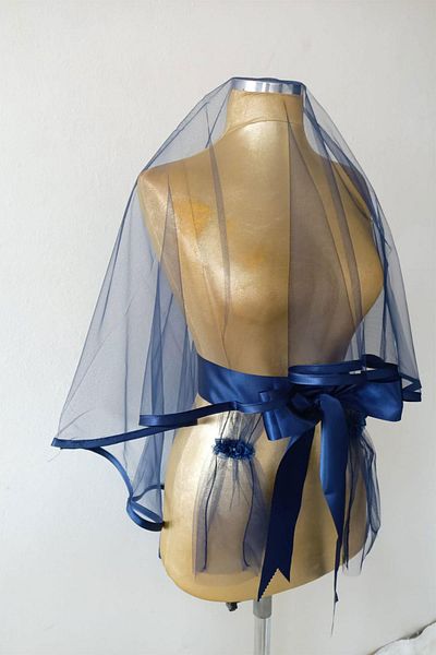 Hayalperest boncuk Elegant Simple Design Bridal Henna Face Cover with Navy Blue Piping