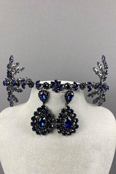 Hayalperest boncuk Navy Blue Hellenist Bridal Henna Crown and Shuttle Earring Set