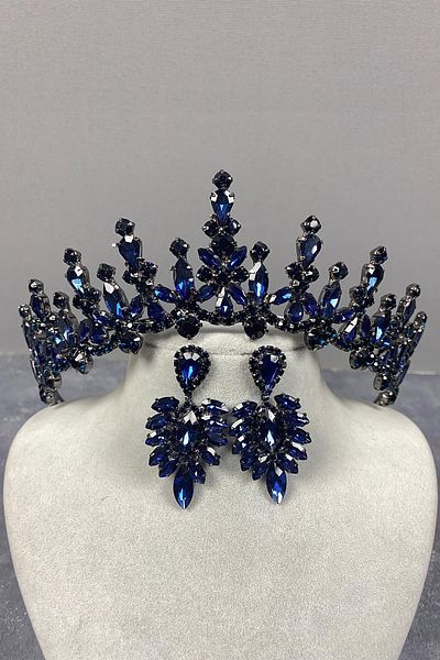 Hayalperest boncuk Navy Blue Cooker Bridal Henna Crown and Shuttle Earring Set